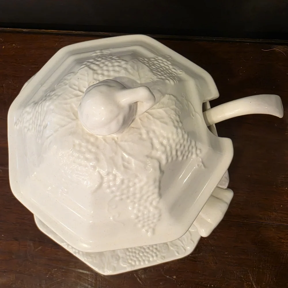 Large California Pottery Grapevine Soup Tureen Cream Ladle & Underplate Vintage